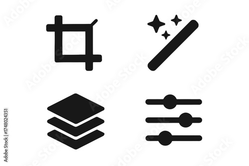 Set of four black editing icons: crop, magic wand, layer stacking, adjustment sliders