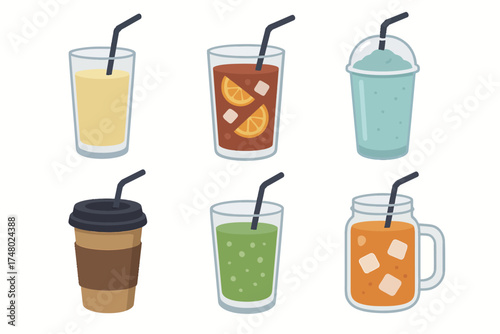 Variety of refreshing beverages in different glasses and cups with straws