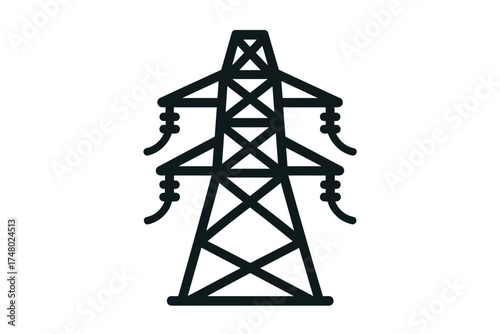 Minimalist black power line tower icon on white background