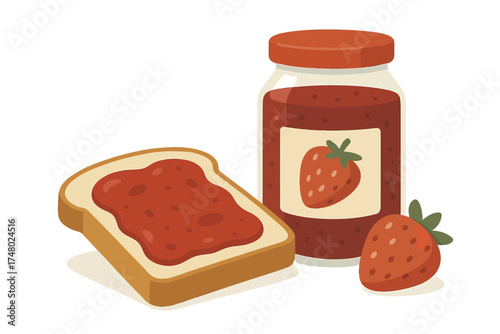 Strawberry jam and bread slice with whole strawberry