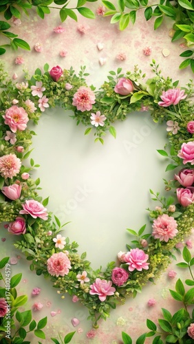 Wallpaper Mural Heart-shaped frame with delicate pink flowers and intertwined hearts surrounded by soft green foliage Torontodigital.ca