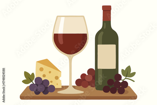 Wine and cheese board with grapes and red wine bottle