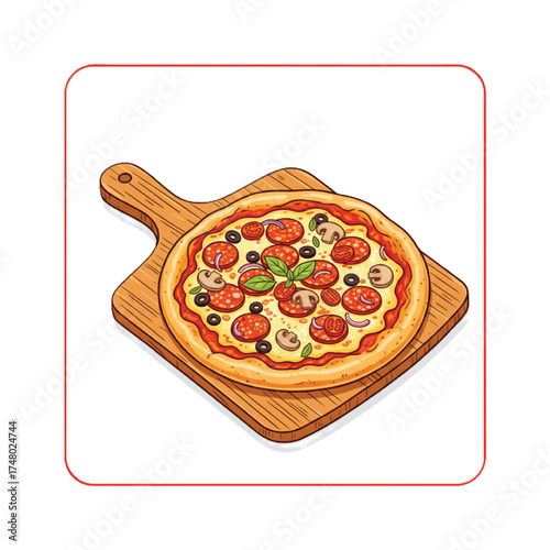 Delicious Pepperoni and Mushroom Pizza on Wooden Board