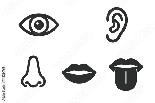 Eye ear nose mouth tongue icons - human senses symbols set