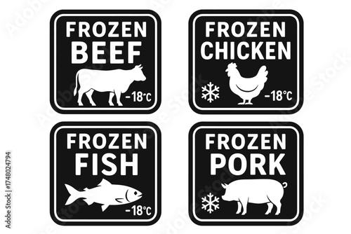 Frozen meat labels for beef, chicken, fish, and pork with temperature indicator