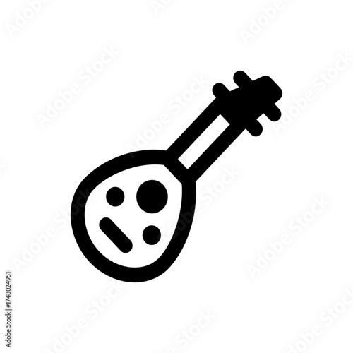 Illustration of a stringed instrument with a rounded body and neck in a simple black and white style