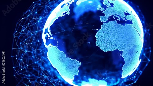 A digital globe rendered in blue, with interconnected network lines