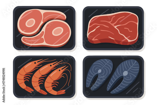 Assorted packaged meats and seafood: steak, salmon, shrimp in trays