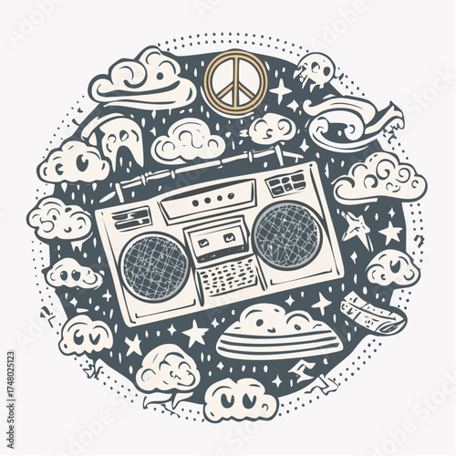 Hand-drawn doodle illustration of a retro boombox surrounded by clouds and a peace sign.