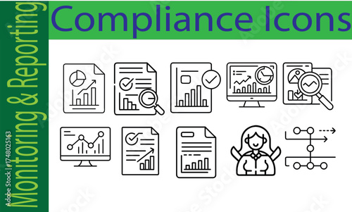 Conceptual illustration of monitoring and reporting Compliance processes with data visualization elements isolated on white background