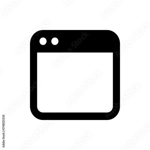 Black outlined window frame with rounded corners and two white circles in the upper left corner design element