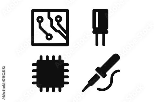 Electronics icons: circuit board, transistor, microchip, soldering iron