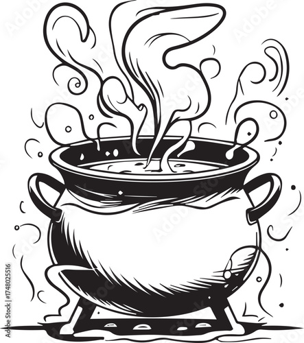 A mystical cauldron simmering with swirling steam, promising enchantment and magic in a stylized monochrome illustration.