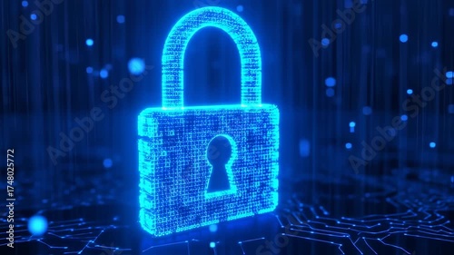 A glowing blue padlock composed of data over a circuit board background, representing security