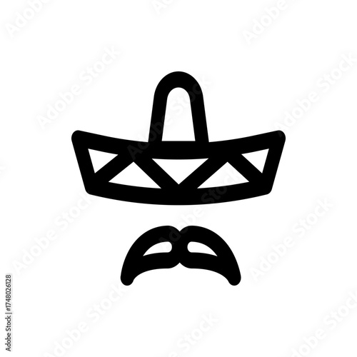 Illustration of a black sombrero with a decorative brim and a matching mustache underneath it in simple style
