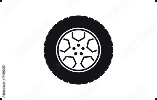 Black rubber wheel tire design. Wheel tires. Car tire tread tracks, Mini Van racing wheel mascot design. Tyres road maintenance vector automobile. Auto Van wheel tyre. Vector illustration rim design