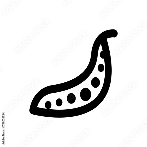 Illustration of a curved pea pod with visible peas inside in a simple black and white outline style
