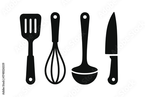 Silhouette of kitchen utensils: spatula, whisk, ladle, and knife on white background