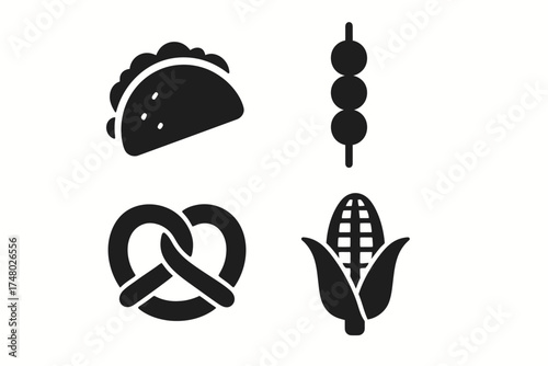 Black food icon set: taco, skewer, pretzel, corn on the cob