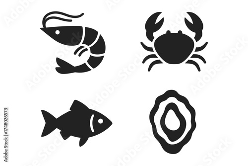 Seafood icons: shrimp, crab, fish, and oyster silhouettes