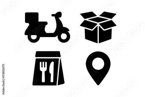 Delivery icons: scooter, box, food bag, location pin symbols