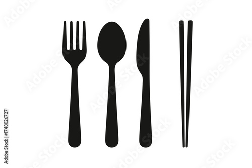Silhouette of fork, spoon, knife, chopsticks on white background