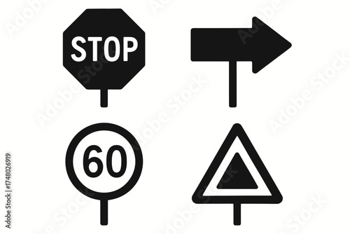 Collection of black traffic signs: stop, right arrow, speed limit, warning triangle