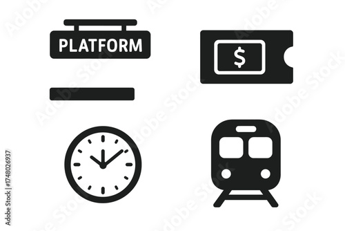 Train travel symbols: platform, ticket, clock, train icon set