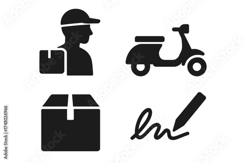 Delivery service icons: courier, scooter, package, signature