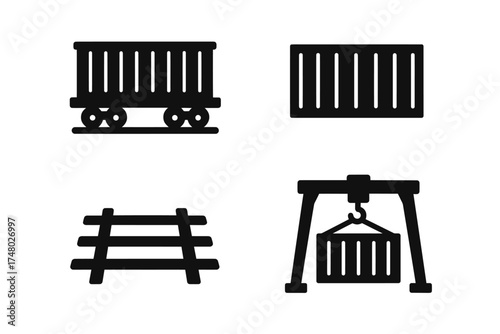 Rail transport icons: cargo cart, container, tracks, crane illustration set