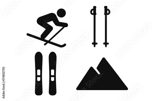 Skiing icons set: skier, ski poles, skis, and mountain silhouette