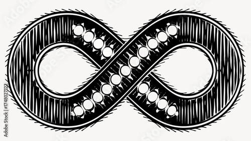Dynamic infinity symbol design with textured pattern and circular elements, perfect for abstract concepts