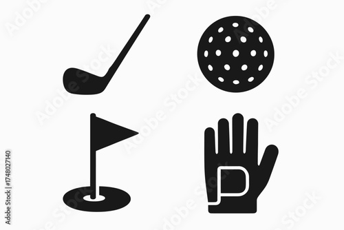 Golf icons: club, ball, flag, and glove silhouettes for sports enthusiasts