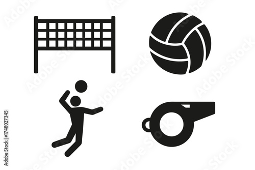 Volleyball icons: net, ball, player, whistle for sports design