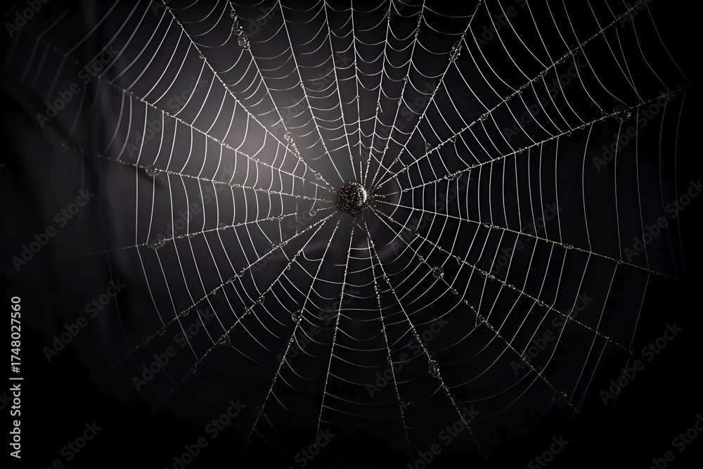 Fototapeta premium Spider web. Halloween. Intricate spider web adorned with droplets of dew is beautifully displayed against dark background, highlighting delicate craftsmanship of nature and artistry of spider creation