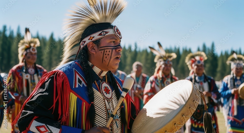 Obraz premium Native american man in traditional attire drumming at a vibrant cultural ceremony