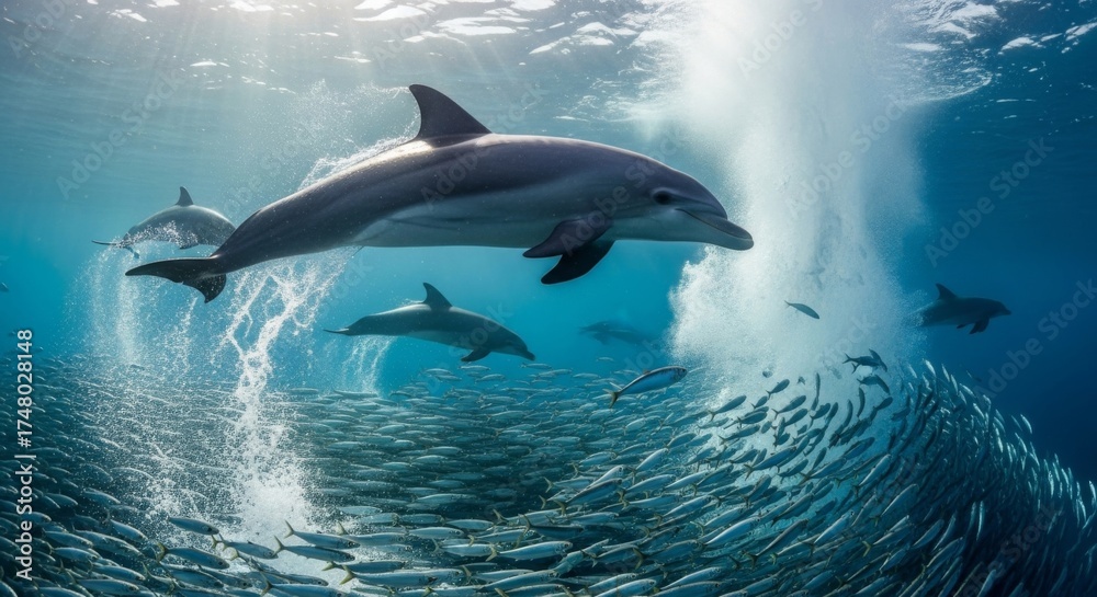 Fototapeta premium Graceful dolphins swim through sunlit ocean depths alongside a large school of fish.