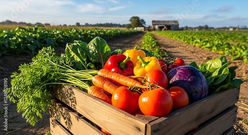Freshly Harvested Vegetables in Wooden Crate on Farm