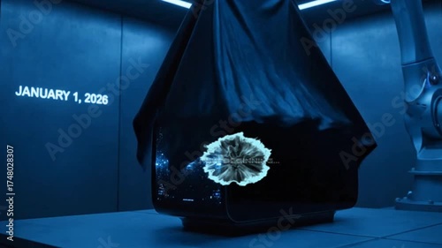 Futuristic Lab Tech Reveal with Date Projection 4K - Happy New Year 2026
