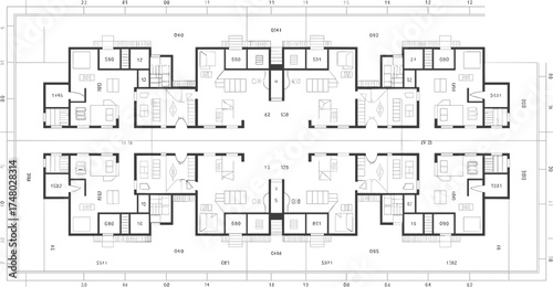 Detailed residential building floor plan, architectural layout drawing, apartment design blueprint, technical construction document for real estate, housing project.