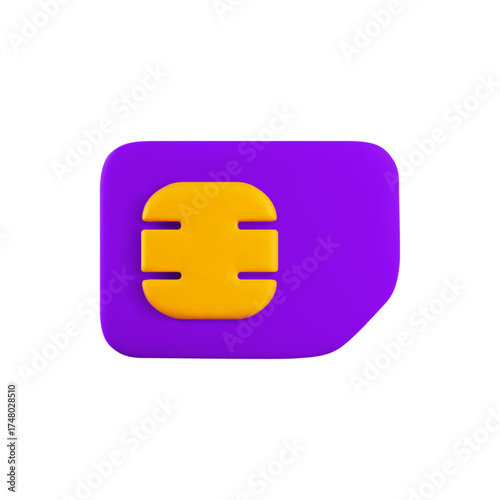 Vector cartoon 3d Sim card illustration. Minimal realistic 3d render violet mobile phone gsm SIM card with golden circuit chip. Communication technology illustration, gsm network eSIM, 4G, 5G concept.