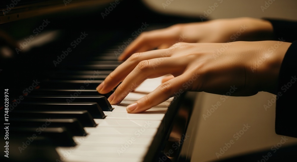 Obraz premium Close up of elegant hands playing a classical grand piano keyboard with artistic skill