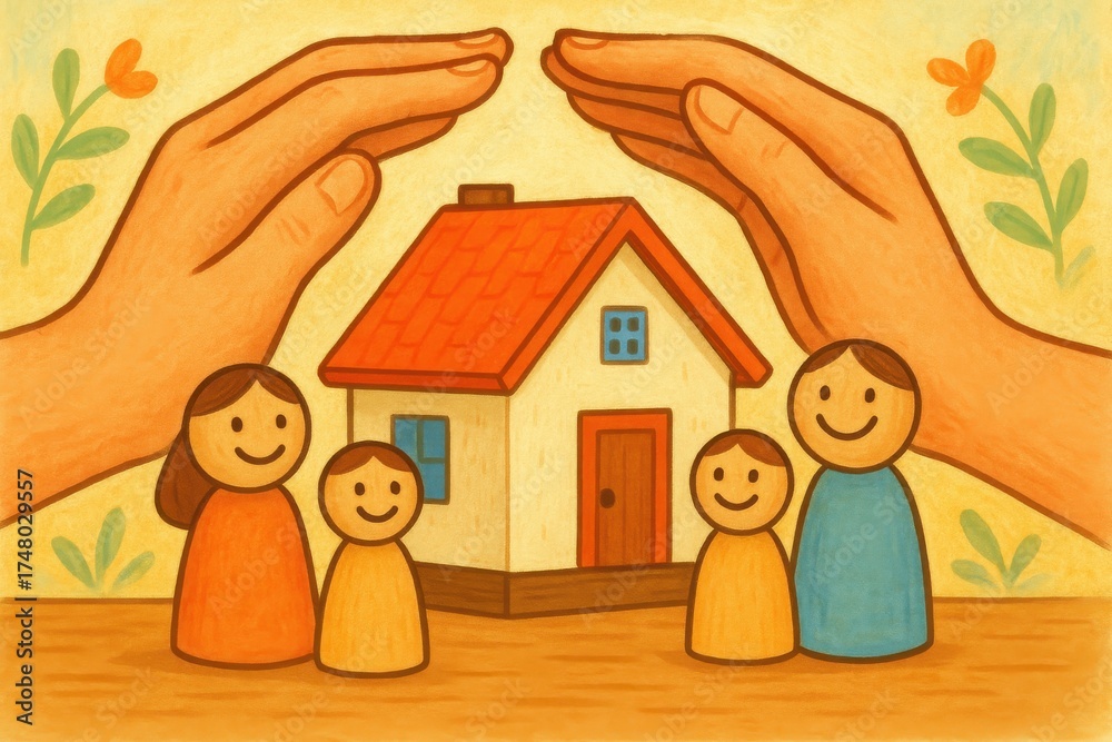 Obraz premium Family Togetherness with Hands Protecting a House Symbolizing Care and Security in Community