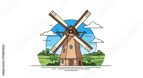 Illustration of a traditional windmill on a green field with a blue sky and white clouds vector drawing of a mill