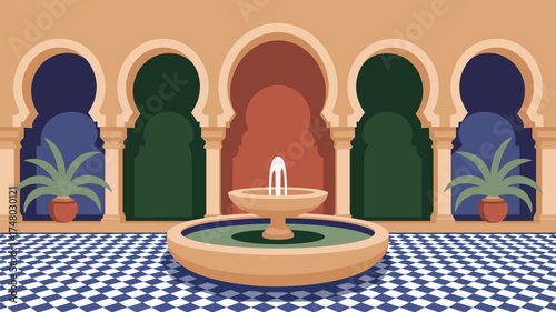 Illustration of a courtyard with a fountain, arches, checkered floor, and potted plants in a moroccan style