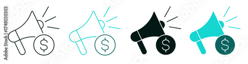 Paid ad icon set. Social media, marketing or business concept. Line, solid color or black symbol for web and UI. Editable vector stroke illustration. Perfect for apps and digital platforms.