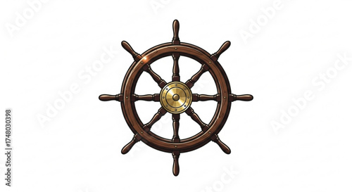 Illustration of a ships wheel, made of wood and brass, a nautical symbol for navigation and steering a vessel