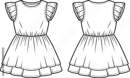 Cute girls ruffle sleeve dress fashion sketch, vector flat illustration showing front and back design, perfect for kidswear CAD design.