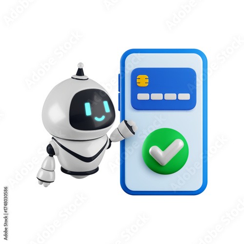 Vector cartoon 3d mobile banking chat bot assistant. Realistic 3d render cute robot character showing smartphone with credit card and green checkmark. Smart financial advisor concept