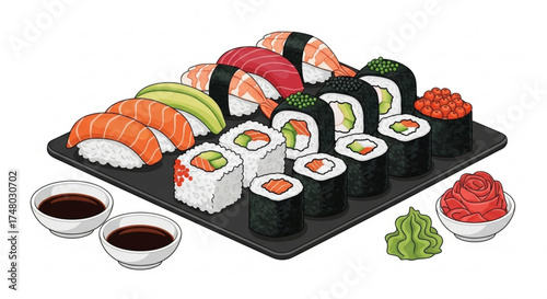 A delightful assortment of sushi, including nigiri, maki, and uramaki, arranged on a black plate with soy sauce, wasabi, and ginger